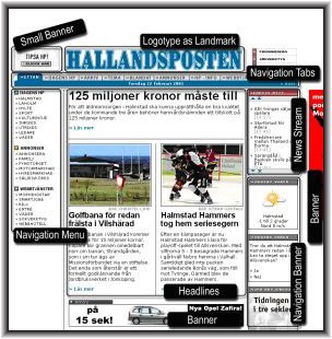 Hallandsposten uses the broasheet metaphor for layout, presenting many news puffs in the front page, like in a broadsheet newspaper. Categories and divisions from the printed paper are also used, together with the newspaper-like layout.
