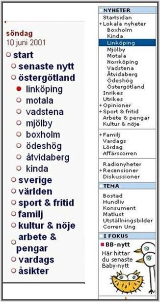Menyer och innehållsförteckningar består av en lista med rubriker, som ger en översikt över sajtens innehåll. I en meny kan man dessutom klicka på rubriker för att nå till olike delar av innehållet. Både menyer och innehållsförteckningar kan ha ett så kallad landmärket som visar var i strukturen man är.